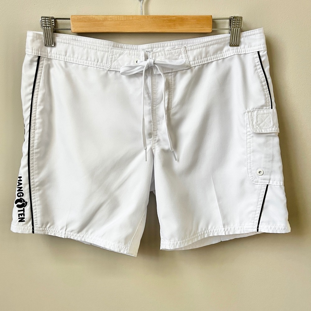 Vintage Y2K Hang Ten Board Shorts Junior's 7 White Navy Blue Surf Beach Sporty